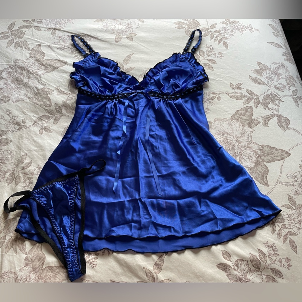 Seductivewear Cinema Etoille Blue Black Lace Satin Babydoll Sheer‎ Top Set XL
